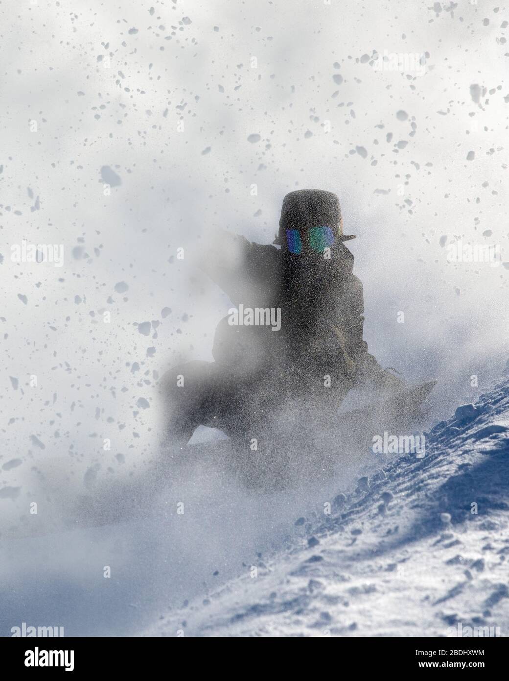 Snowboard attraverso la nube di neve in Giappone Foto Stock