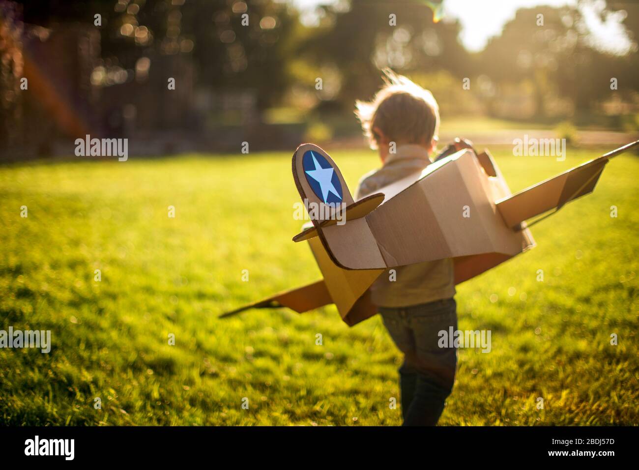 Il ragazzo gioca con il suo aereo di cartone in un giardino soleggiato. Foto Stock