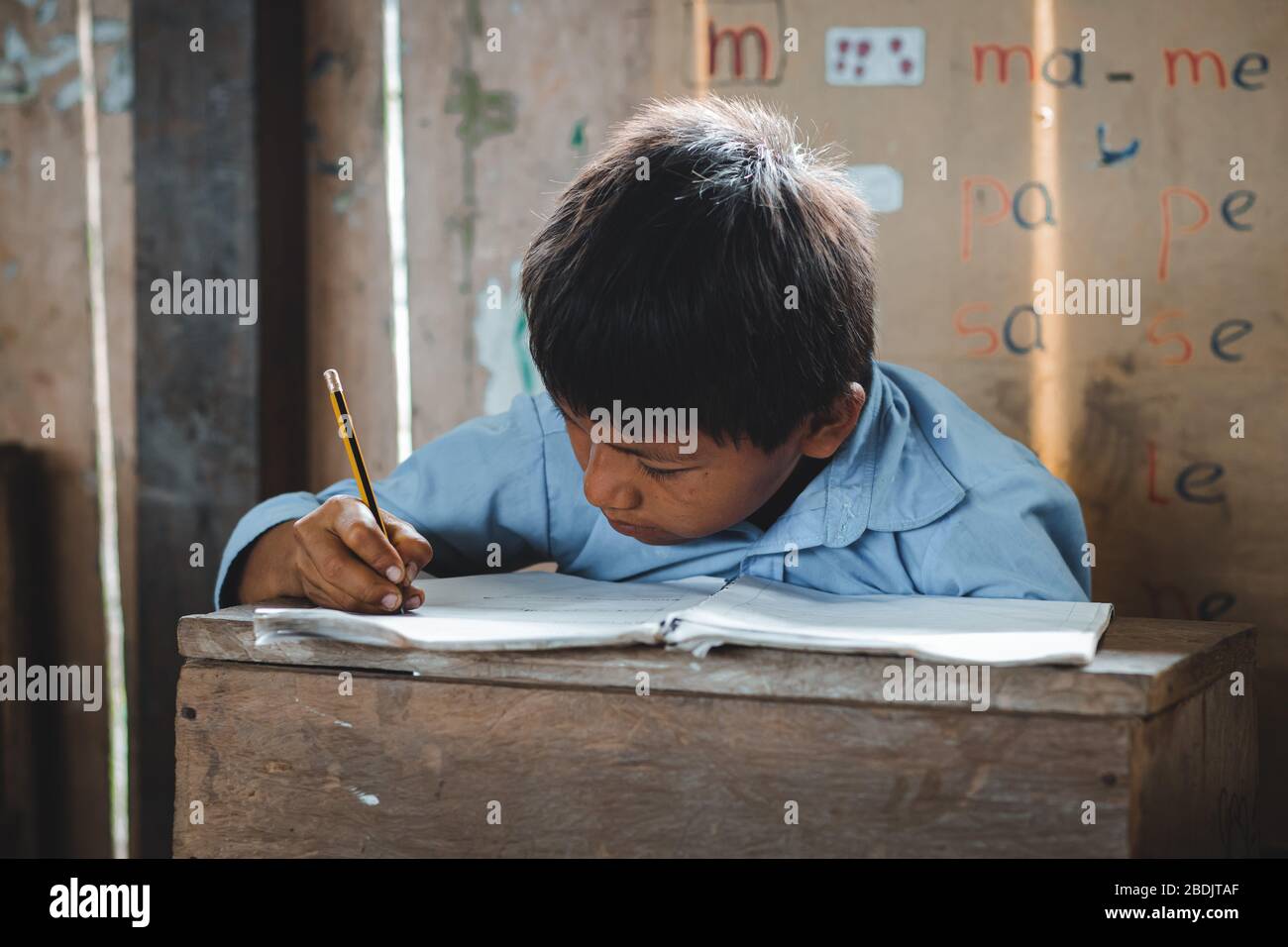 Bambini indigeni che imparano, territorio di Shiwiar, Ecuador Foto Stock