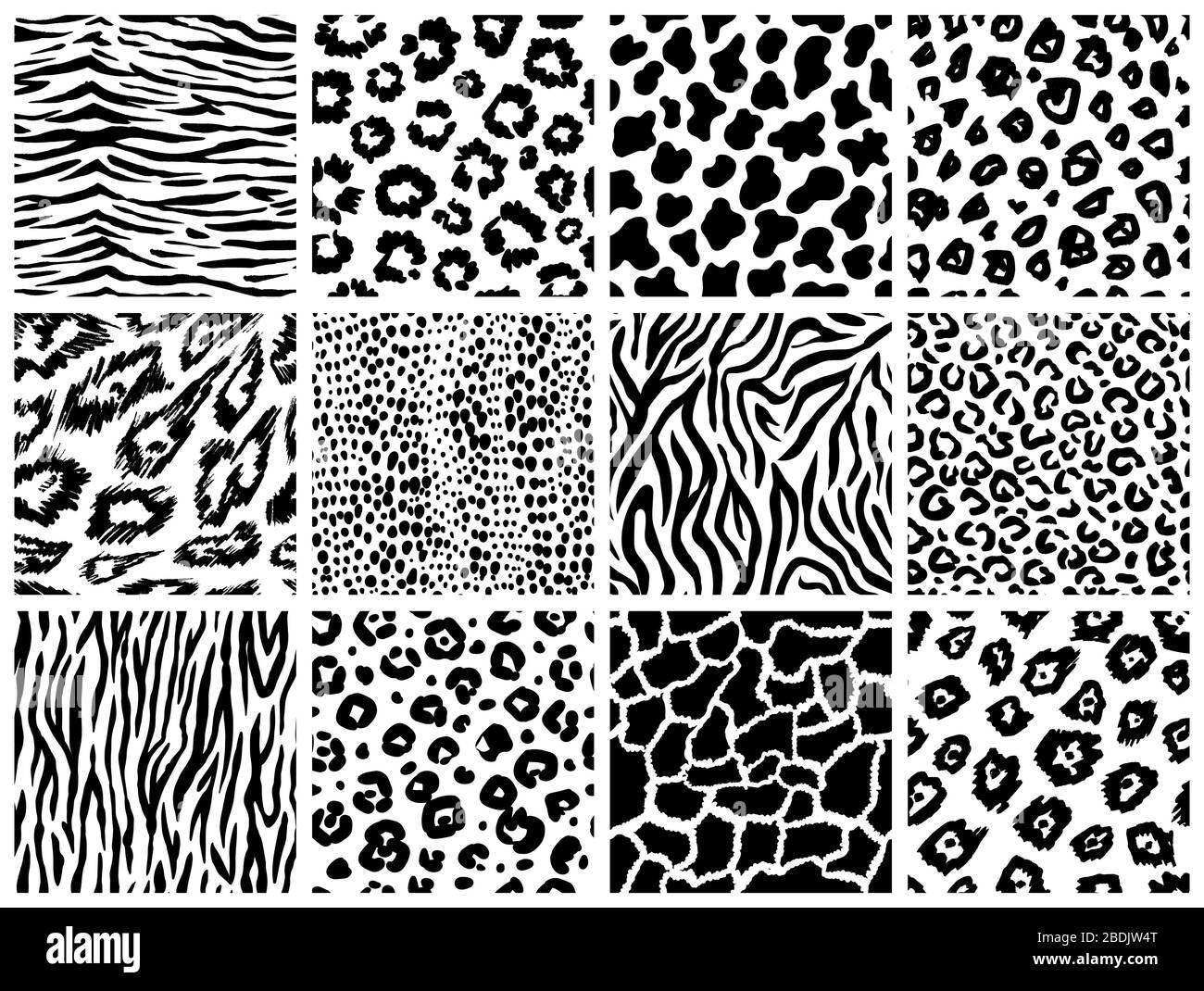 Set di motivi senza cuciture per animali. Pelliccia di mammiferi. Raccolta di skin di stampa. Predatori Camouflage. Ghepardo Giraffe Zebra leopardo Holstein Cattle Snake Jaguar Illustrazione Vettoriale