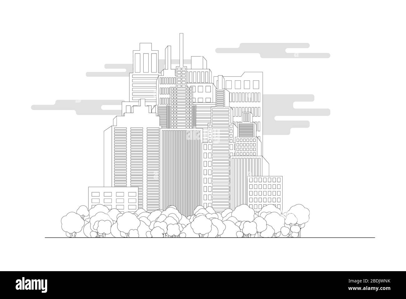 Paesaggio urbano di una strada. Monocromatico in stile line art. Sfondo di una città moderna con grattacieli. Design piatto. Edificio architettonico. Contorno. Illustrazione Vettoriale
