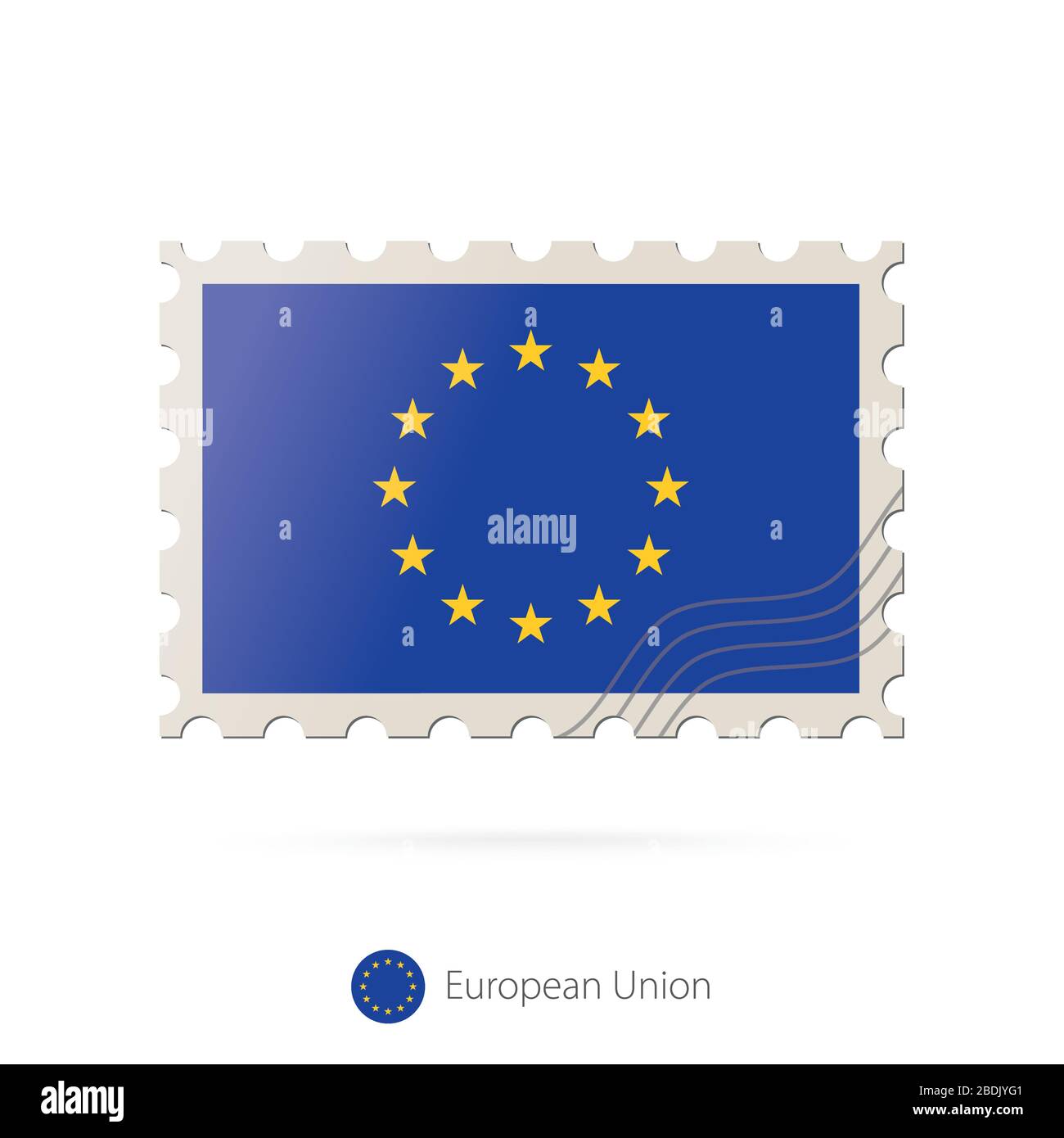 Francobollo con l'immagine della bandiera dell'Unione europea. Bandiera dell'Unione europea Posting su sfondo bianco con ombra. Illustrazione vettoriale. Illustrazione Vettoriale