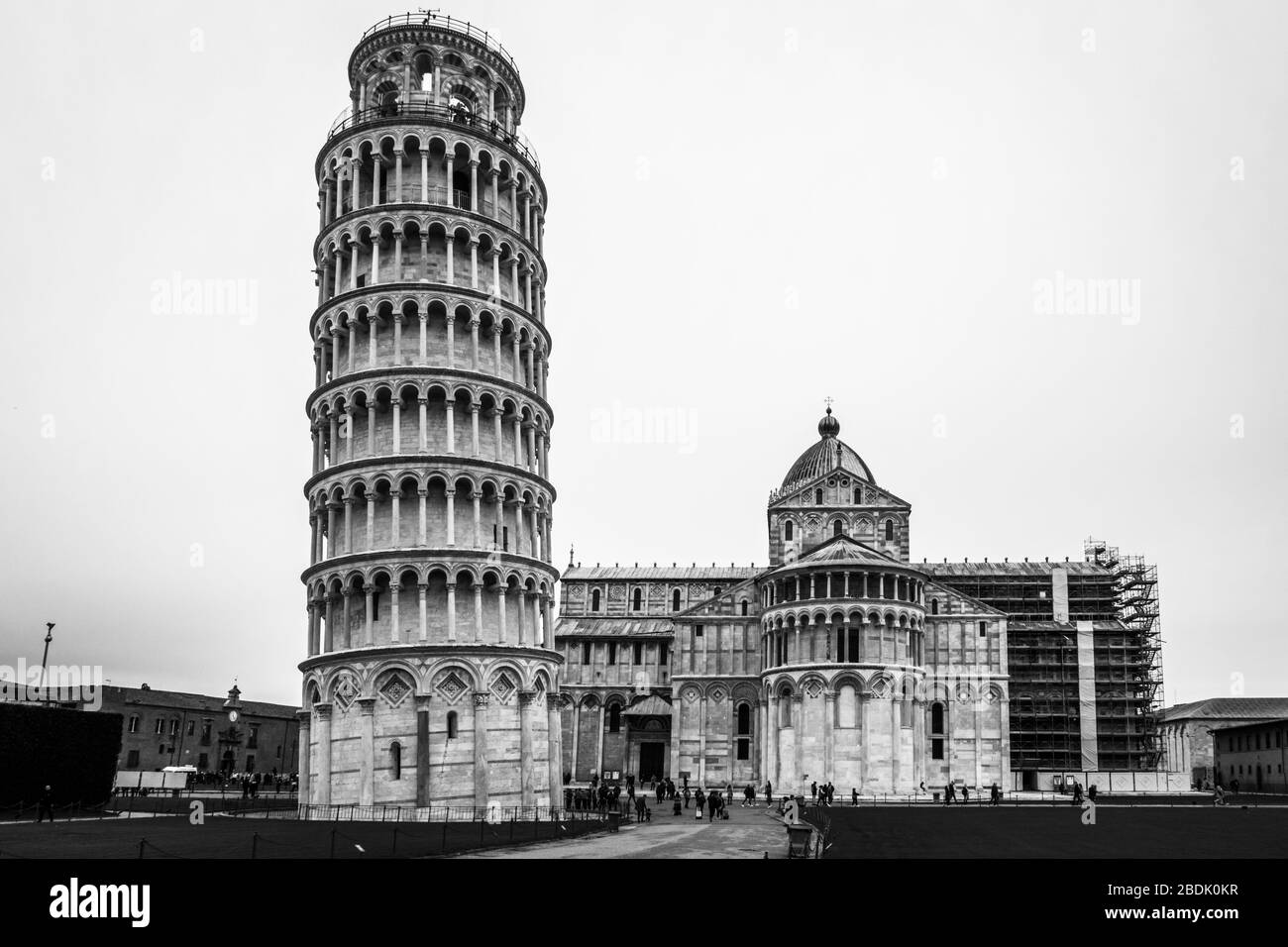 Immagine in bianco e nero della Torre di Pisa e della Cattedrale di Pisa in Piazza del Miracolo, Toscana Foto Stock