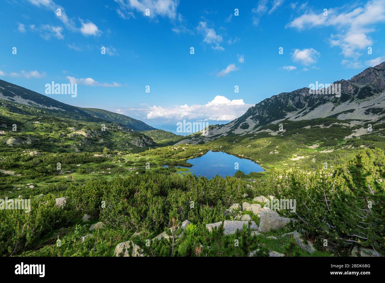 Un paesaggio fantastico con Muratov picco e fiume di montagna, montagna Pirin, Bulgaria. Foto Stock