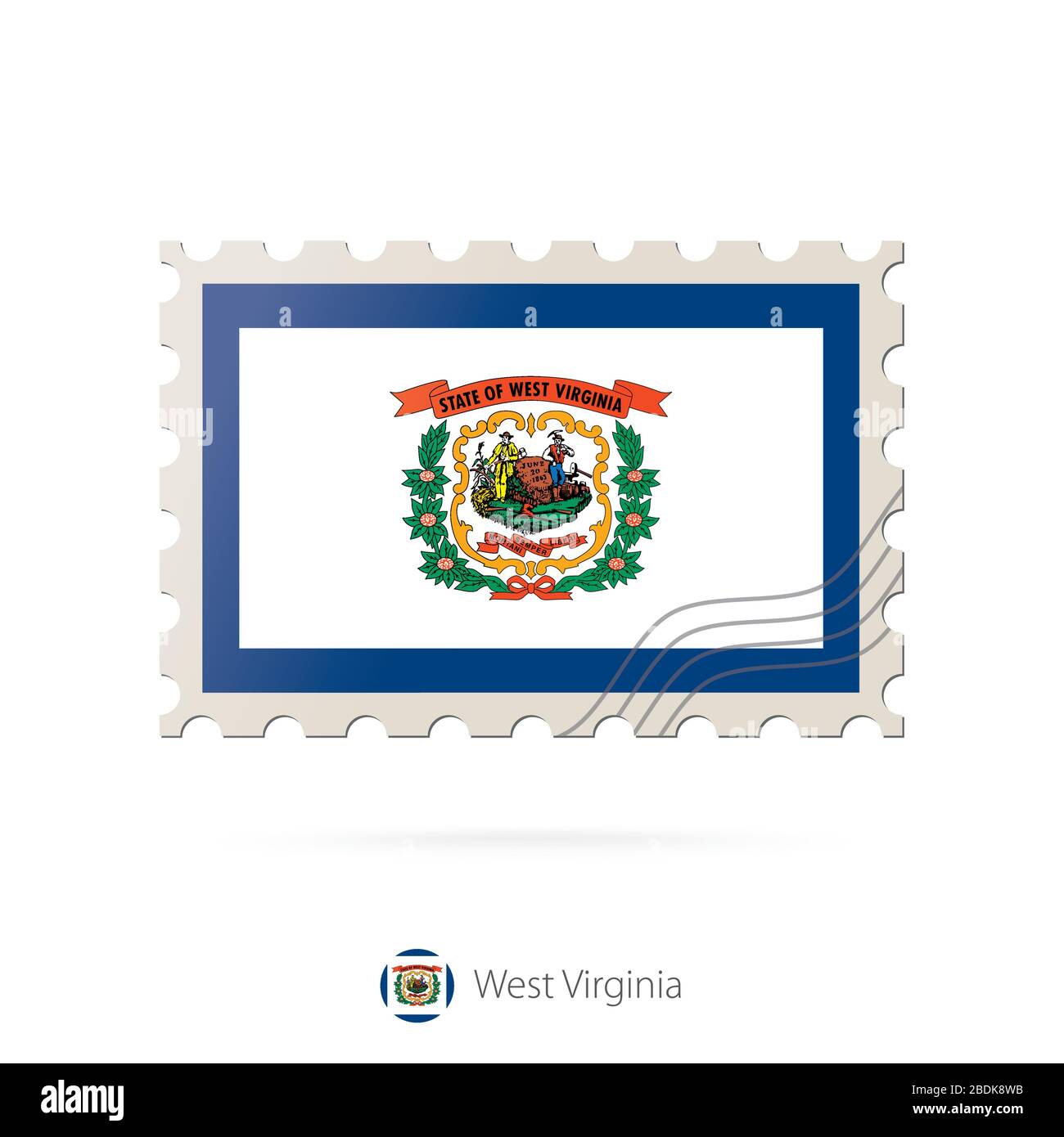 Francobollo con l'immagine della bandiera dello stato della Virginia occidentale. West Virginia Flag Posting su sfondo bianco con ombra. Illustrazione vettoriale. Illustrazione Vettoriale