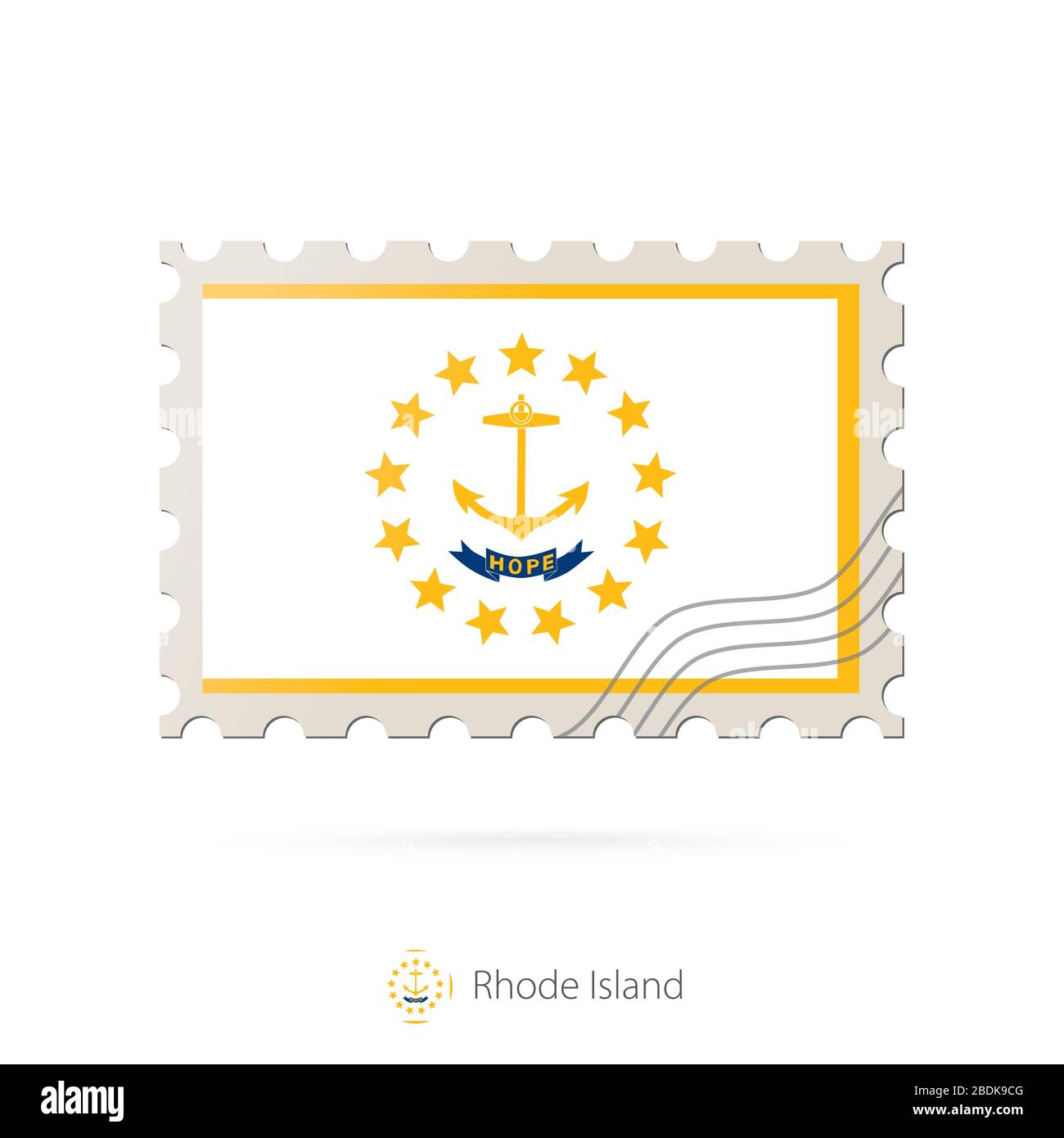 Francobollo con l'immagine della bandiera di stato di Rhode Island. Rodi Island Flag Posting su sfondo bianco con ombra. Illustrazione vettoriale. Illustrazione Vettoriale