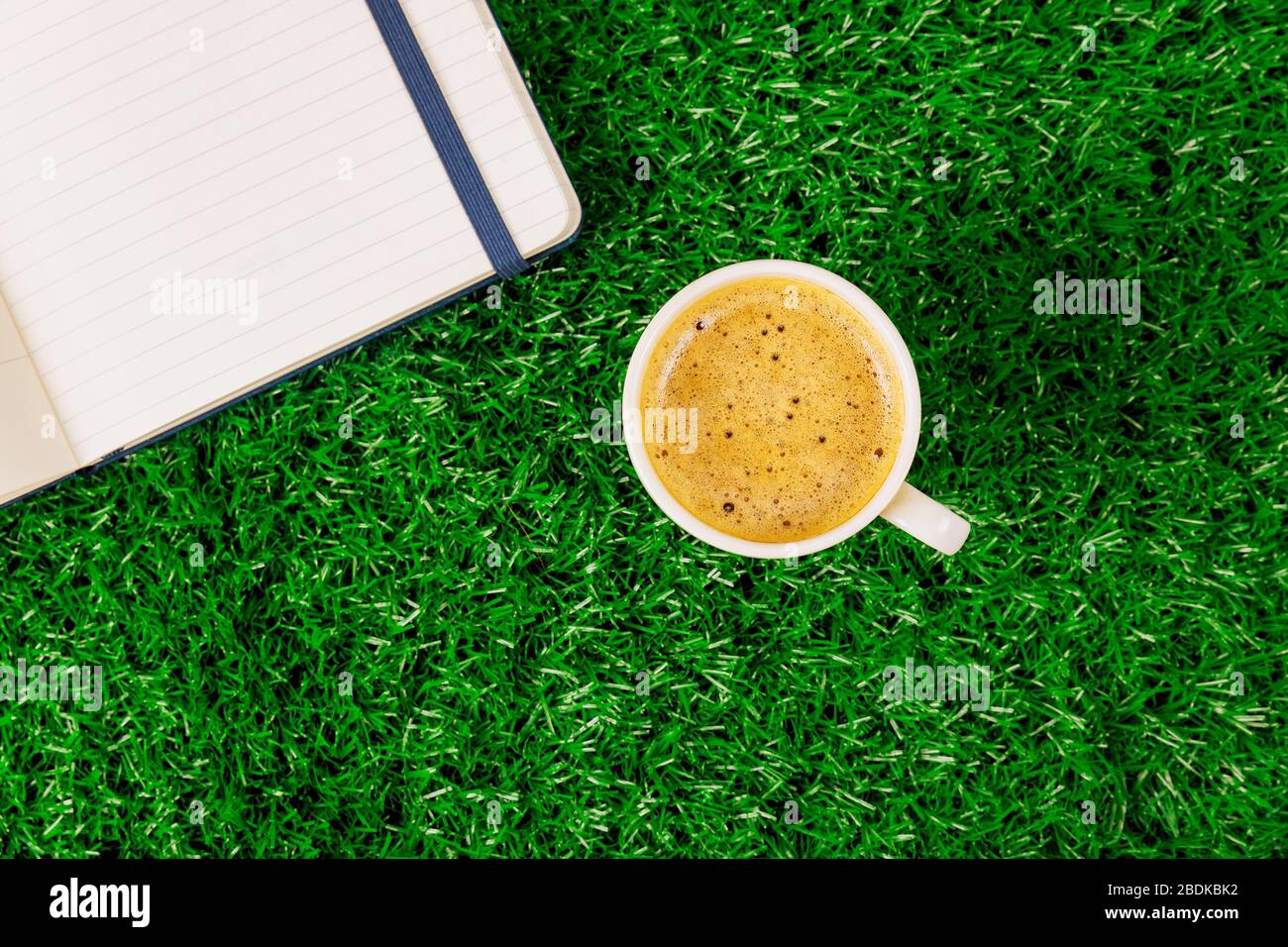 Blocco note vuoto aperto e caffè espresso in tazza sull'erba verde Foto Stock