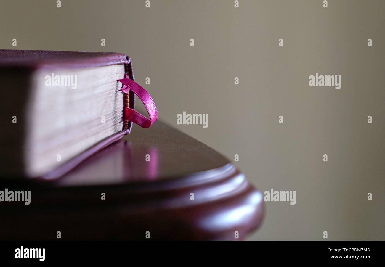 Libro con marchio rosa sul lato del tavolo in legno. Spazio per il testo. Foto Stock