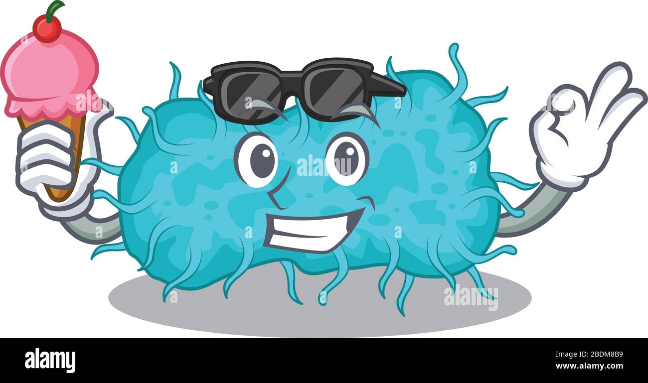 Concetto di disegno di cartone animato di prokaryote batterico che ha un gelato Illustrazione Vettoriale
