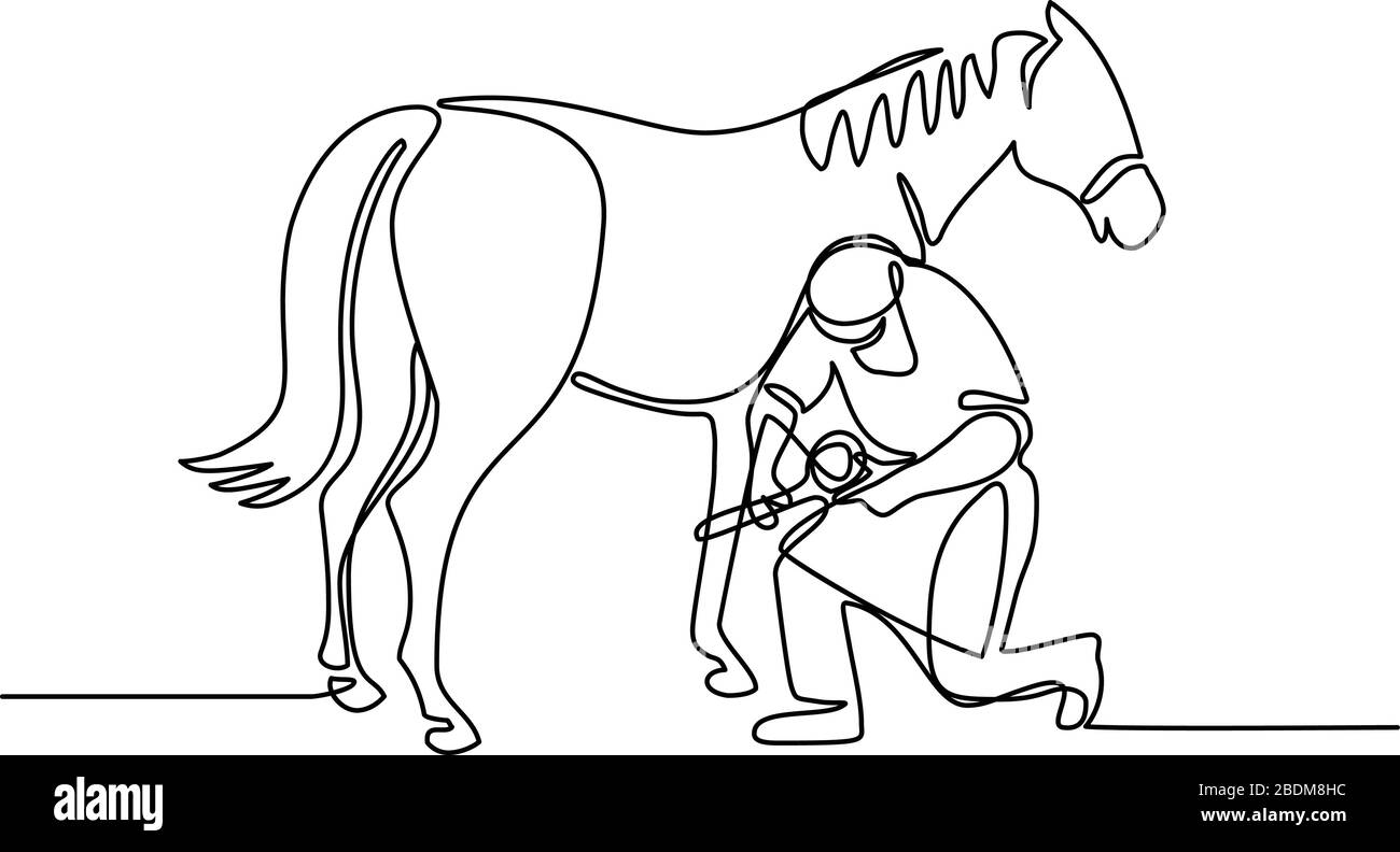 Illustrazione in linea continua di un guerriero che lavora su un cavallo, zoccoli di rifilatura realizzati in nero e bianco stile monoline. Illustrazione Vettoriale