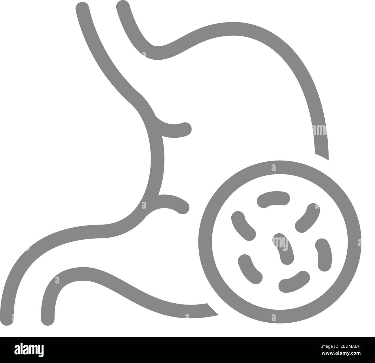 Icona dello stomaco con linea batterica. Malattia organo interno, diarrea, Escherichia coli, simbolo della salmonella Illustrazione Vettoriale