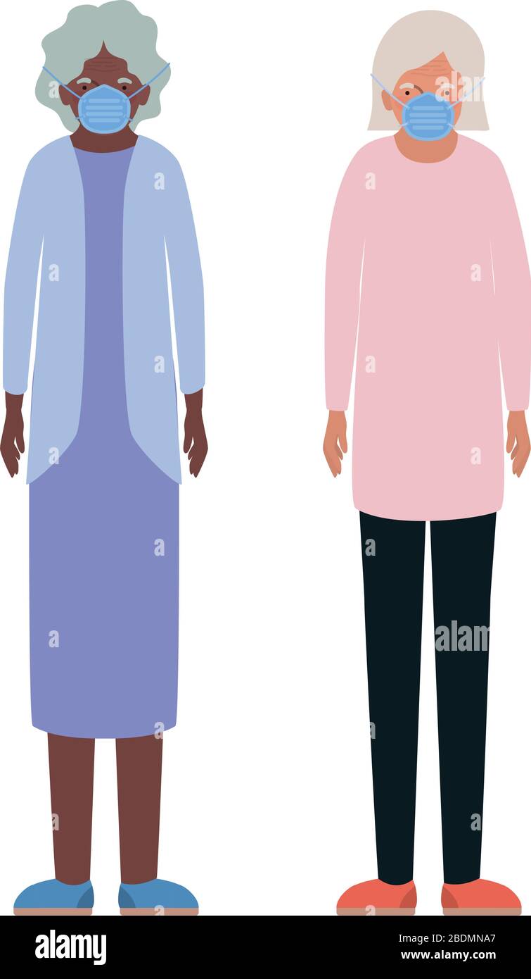 Donne anziane con maschere contro il design vettoriale Covid 19 Illustrazione Vettoriale