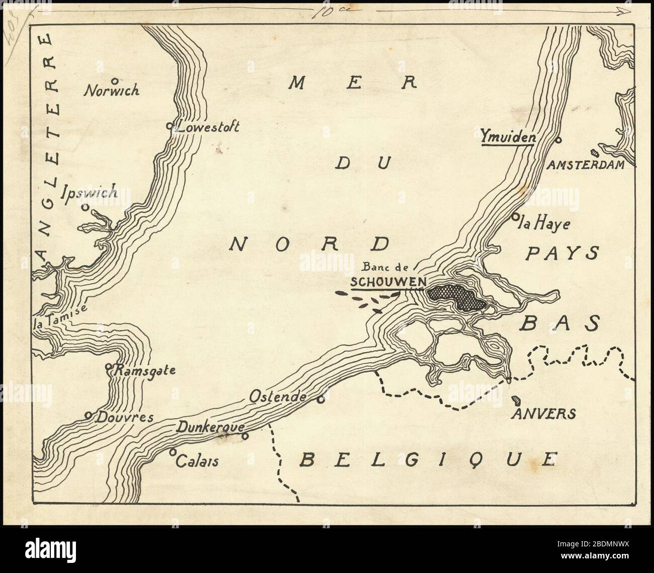 Mappa disegnata a mano del canale inglese evidenziando Schouwen-Duiveland durante la prima guerra mondiale Foto Stock