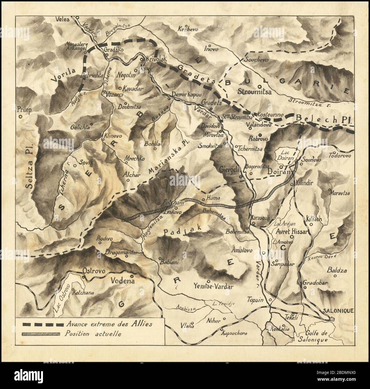 Mappa disegnata a mano del fronte macedone della prima guerra mondiale Foto Stock