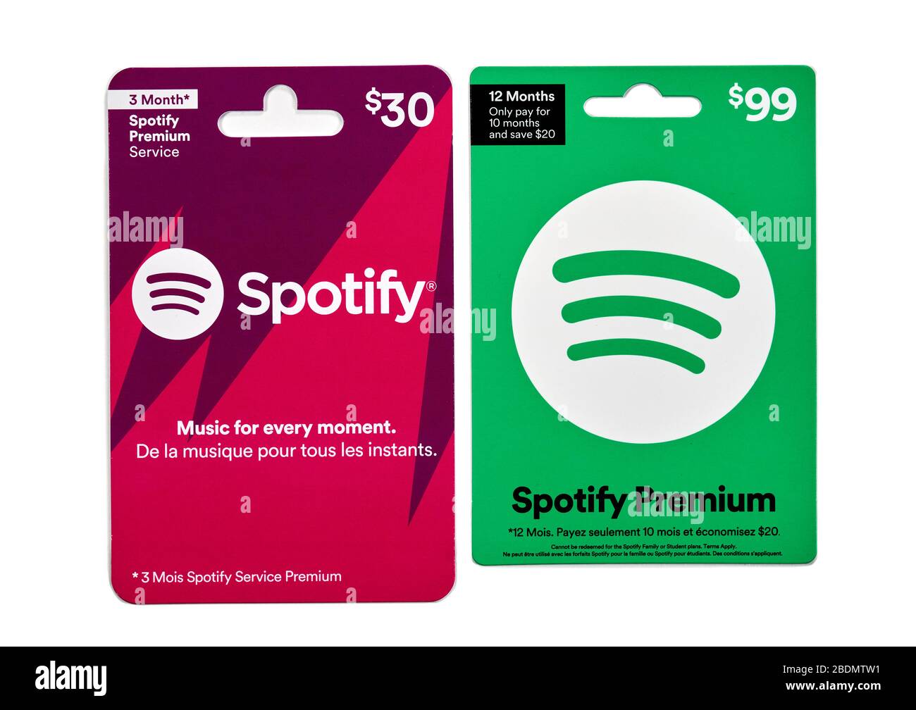 Montreal, Canada - 6 aprile 2020: Carte regalo Spotify. Spotify Technology  è un provider internazionale di servizi multimediali con sede a Stoccolma,  Swed Foto stock - Alamy