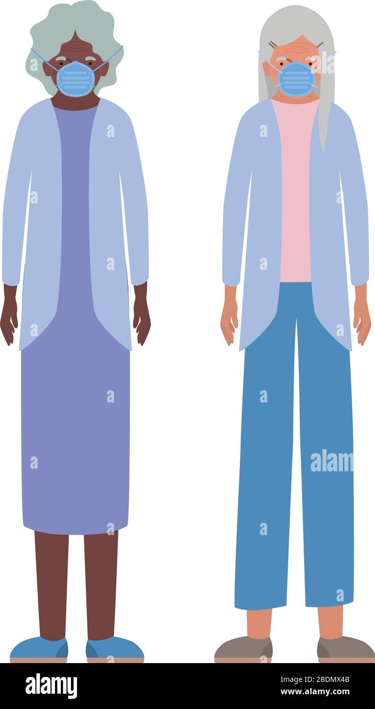 Donne anziane con maschere contro il design vettoriale Covid 19 Illustrazione Vettoriale