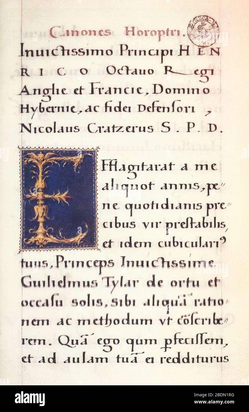 Hans Holbein d.. J. - la e iniziale nel manoscritto di Canones horoptri di Nikolaus Kratzer Foto Stock