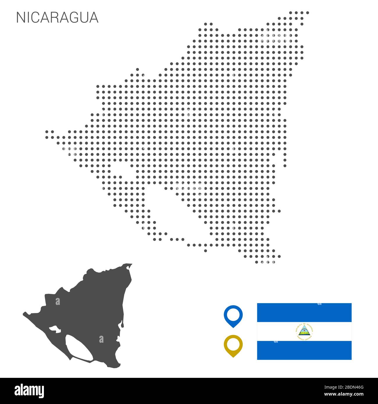 Mappa del Nicaragua punteggiata su sfondo bianco vettore isolato. Illustrazione per la progettazione di tecnologie o infografiche. Isolato su sfondo bianco. Illustrazione Vettoriale