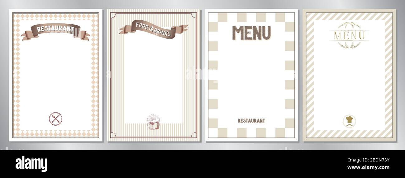Modelli di menu per ristoranti vintage, classici, marroni, in formato A4 (210x297 mm) Illustrazione Vettoriale