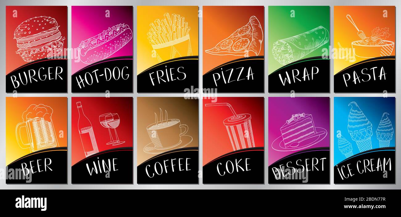 Poster colorati del menu del ristorante - formato A4 (210x297 mm) Illustrazione Vettoriale