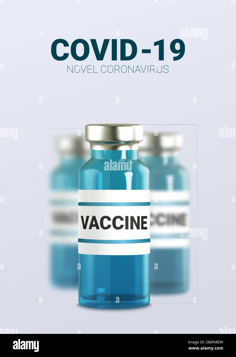 Fiale di vetro 3d realistiche con il medicinale. Iniezione di vaccino. Infezione da virus corona, nuova malattia da coronavirus 2019, COVID-19,nCoV 2019. Vettore Illustrazione Vettoriale
