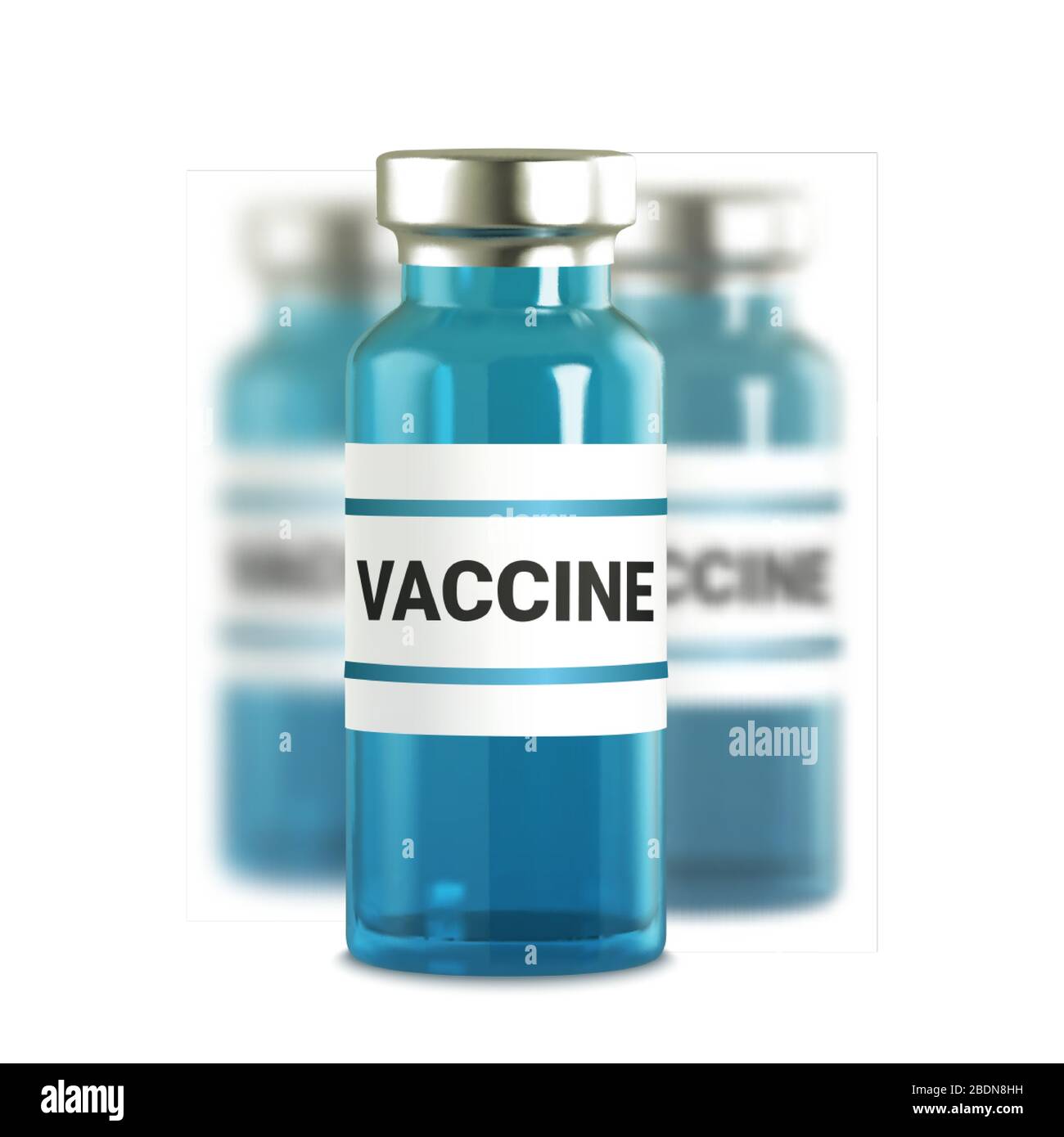 Fiale di vetro 3d realistiche con il medicinale. Iniezione di vaccino. Infezione da virus corona, nuova malattia da coronavirus 2019, COVID-19,nCoV 2019. Vettore Illustrazione Vettoriale