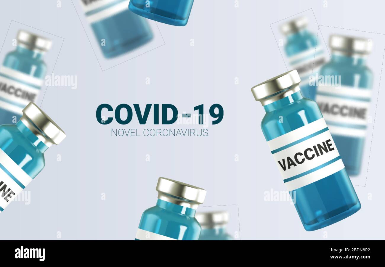 Fiale di vetro 3d realistiche con il medicinale. Iniezione di vaccino. Infezione da virus corona, nuova malattia da coronavirus 2019, COVID-19,nCoV 2019. Vettore Illustrazione Vettoriale