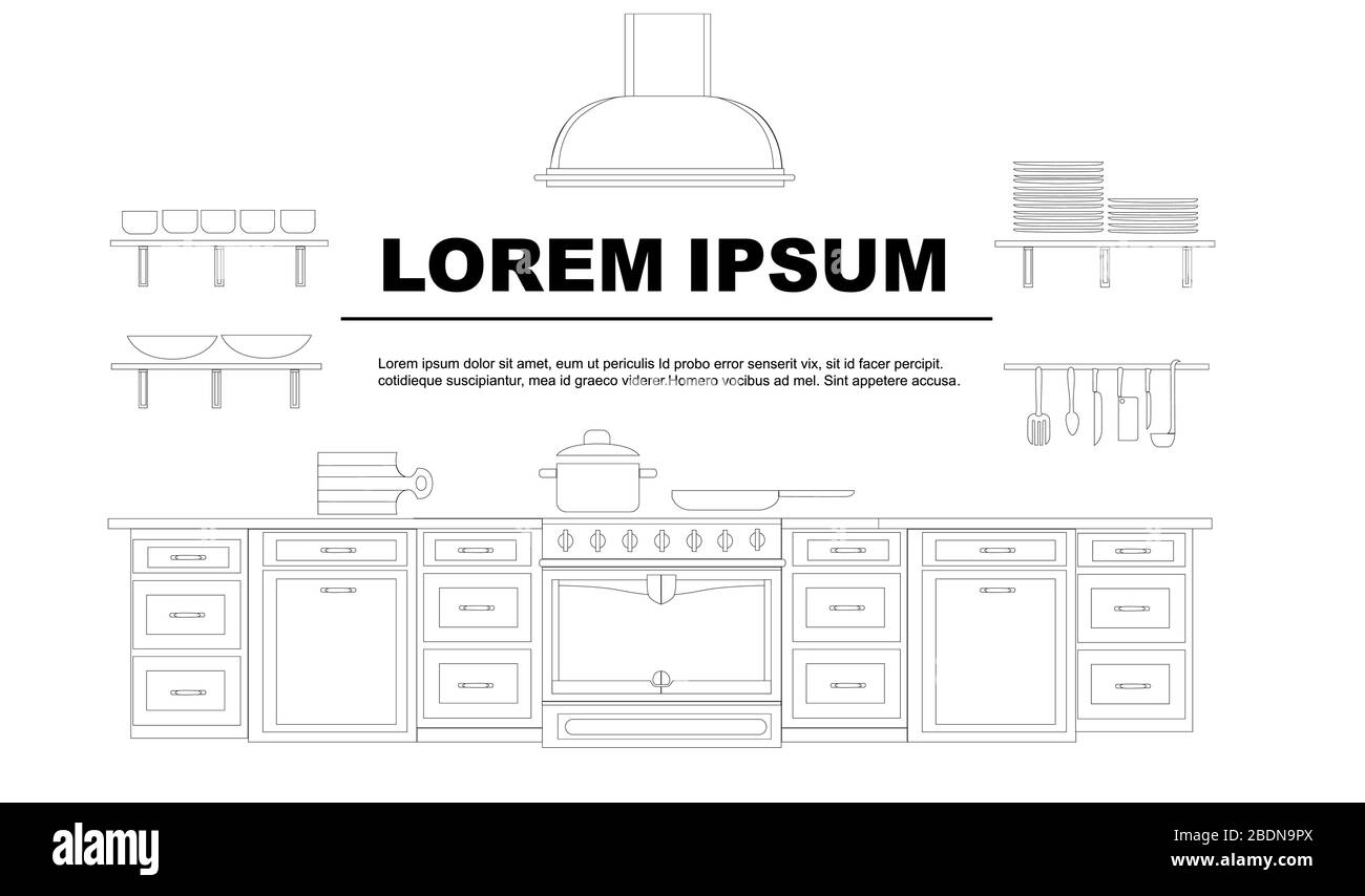 Interni cucina moderna in stile lineare contorno cucina con mobili e utensili attrezzatura pubblicità flyer design flat vettoriale illustrazione Illustrazione Vettoriale