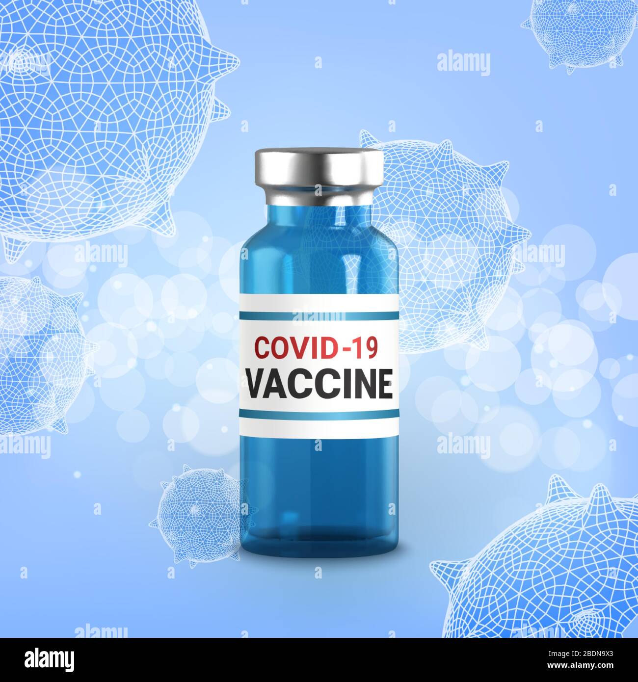 Fiale di vetro 3d realistiche con il medicinale. Iniezione di vaccino. Infezione da virus corona, nuova malattia da coronavirus 2019, COVID-19,nCoV 2019. Vettore Illustrazione Vettoriale