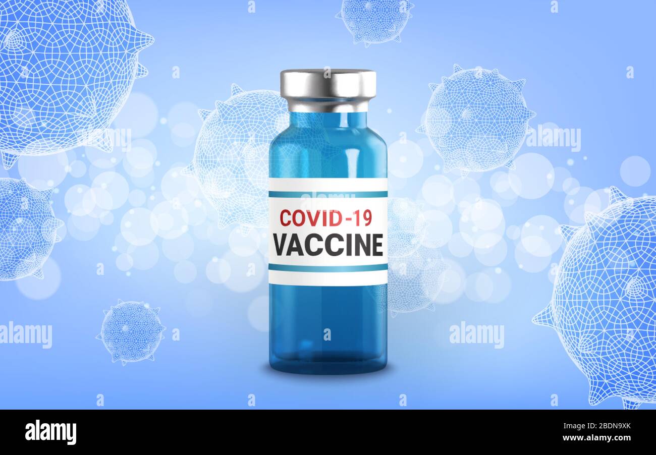 Fiale di vetro 3d realistiche con il medicinale. Iniezione di vaccino. Infezione da virus corona, nuova malattia da coronavirus 2019, COVID-19,nCoV 2019. Vettore Illustrazione Vettoriale