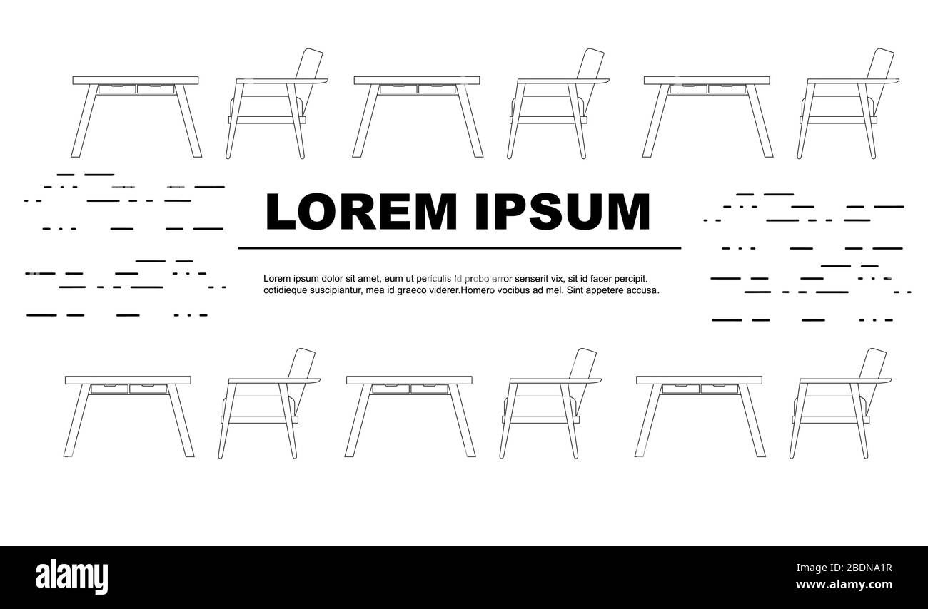 Design flyer stile di contorno con sedia e scrivania flat illustrazione vettoriale su sfondo bianco Illustrazione Vettoriale