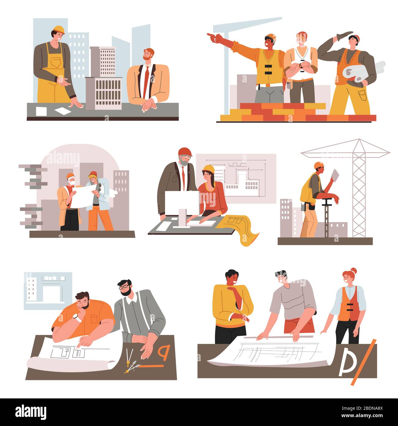 Architetti con schemi e costruttori con strumenti sul posto di lavoro Illustrazione Vettoriale
