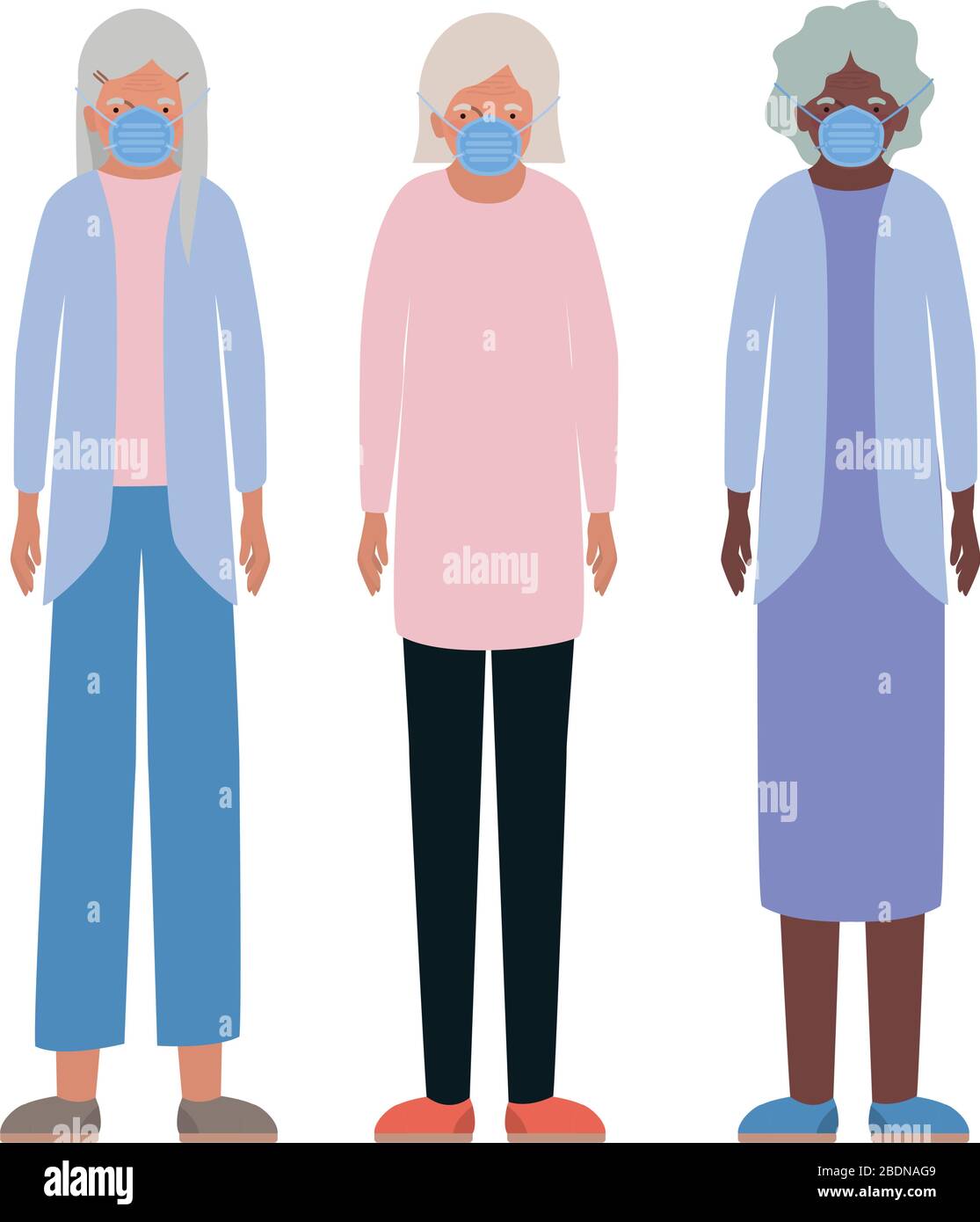 Donne anziane con maschere contro il design vettoriale Covid 19 Illustrazione Vettoriale