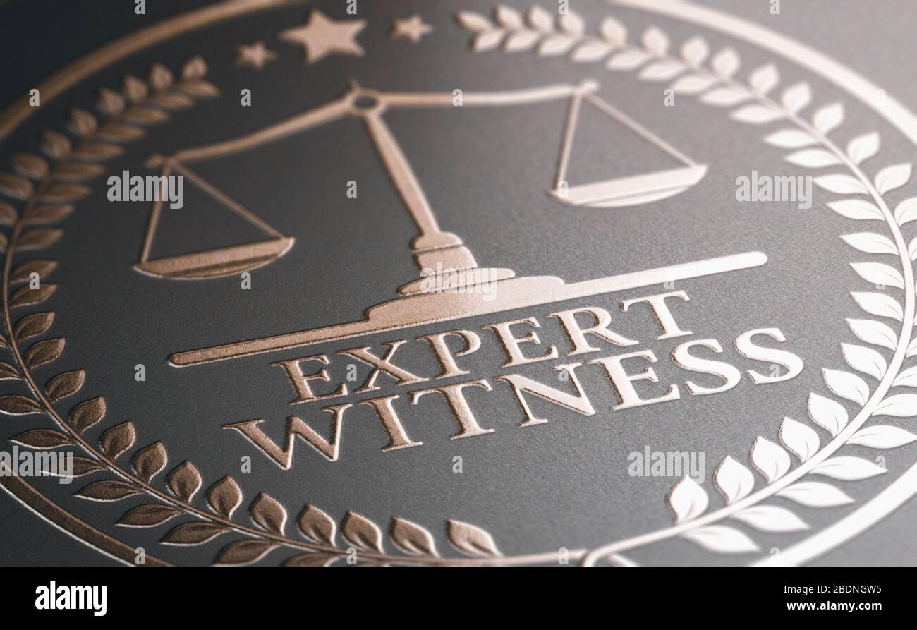Illustrazione 3D di un timbro d'oro dove è scritto il testo testimone esperto. Esperienza legale. Foto Stock