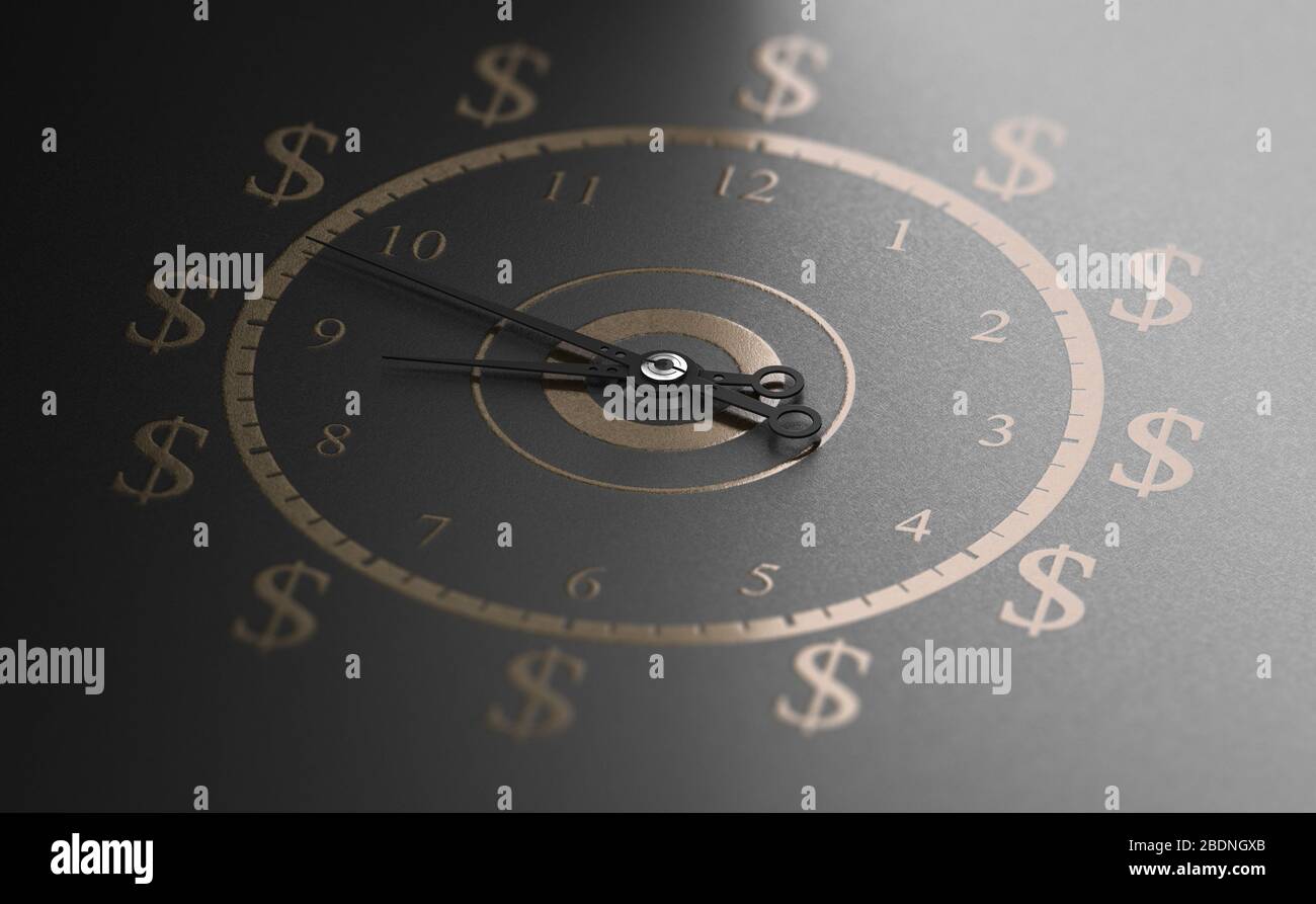 Orologio con numeri dorati e simboli del dollaro su sfondo nero. Il tempo è concetto di denaro. Illustrazione 3D. Foto Stock