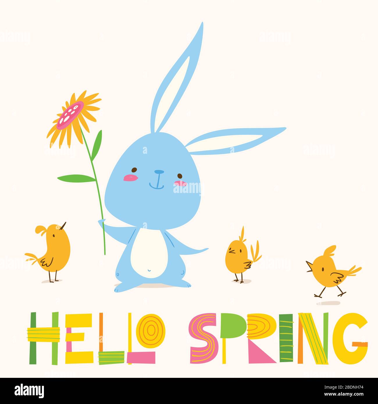 Molla di vettore easter card con fiori, coniglio e pollo. Illustrazione Vettoriale