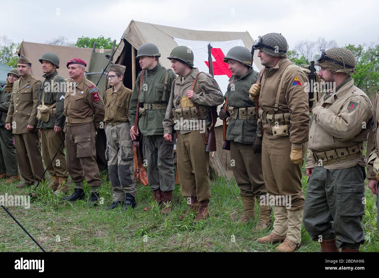 Kiev, Ucraina - 9 maggio 2019: Mans sotto forma di soldato dell'esercito americano della seconda guerra mondiale su una ricostruzione storica in occasione dell'anniversario Foto Stock
