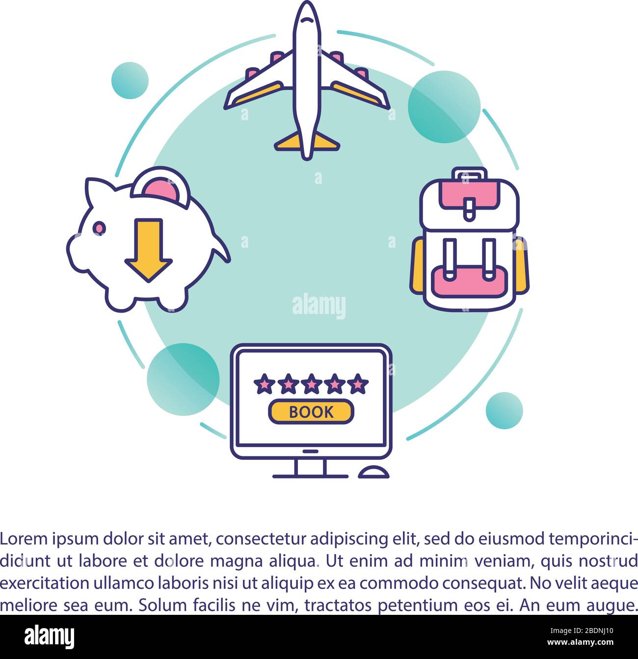 Risparmio di denaro turismo concetto icona con testo. Modello di vettore di pagina PPT. Prenotazione biglietti online, viaggi in classe economica. Brochure sull'aeroporto, rivista Illustrazione Vettoriale