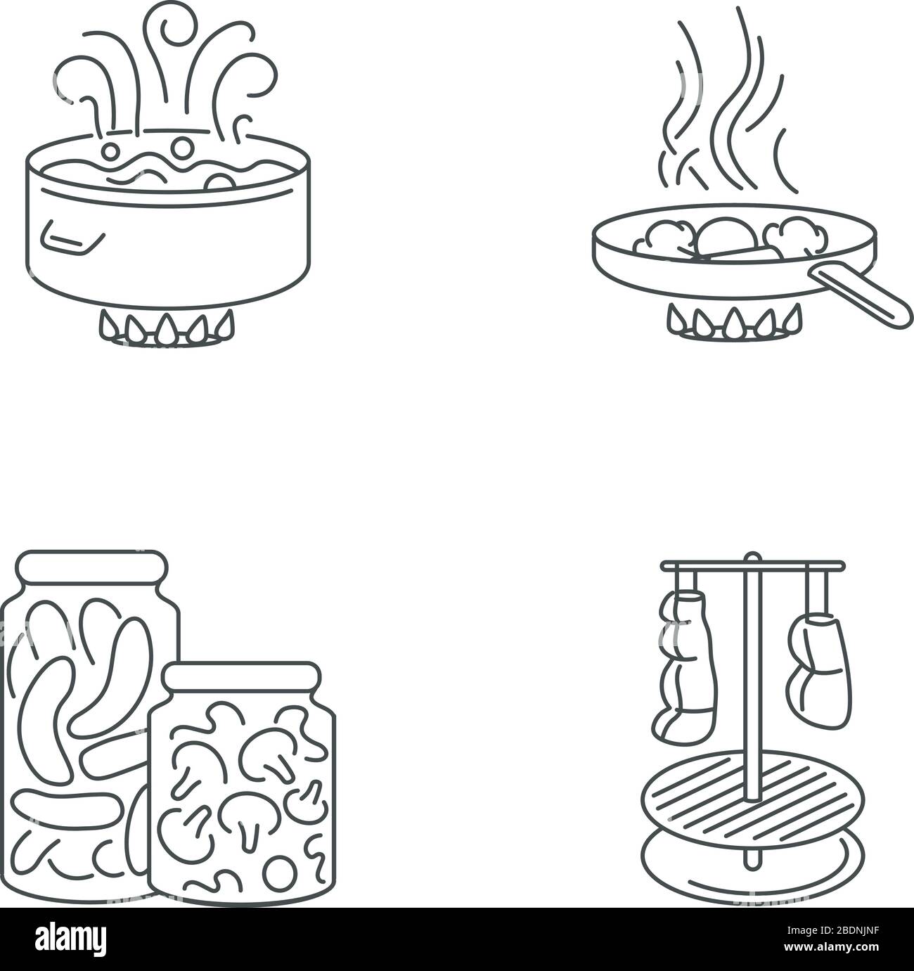 Tecniche culinarie pixel Perfect icone lineari. Bollitura, frittura, inscatolamento e affumicatura simboli di contorno a linea sottile personalizzabili. Vettore isolato Illustrazione Vettoriale