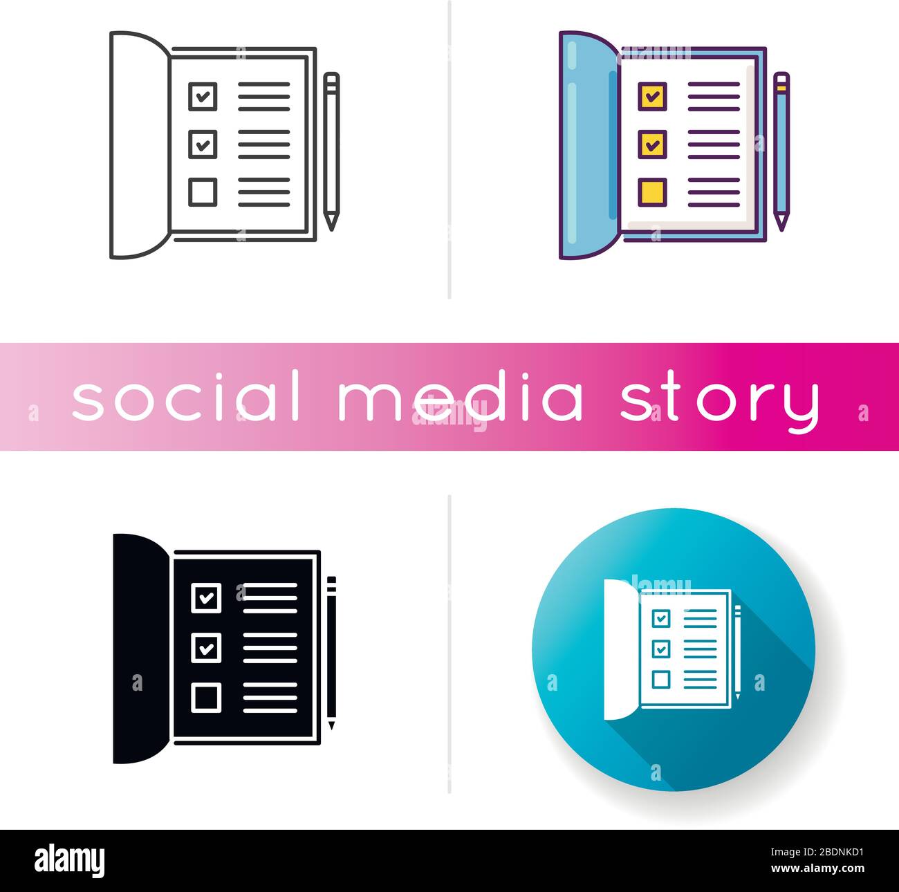 Aprire l'icona del notebook. Elenco con caselle di controllo contrassegnate. Modulo di prova completato. Carte scolastiche. Report Office. Riempire il referto con la penna. Nero lineare e colore RGB Illustrazione Vettoriale