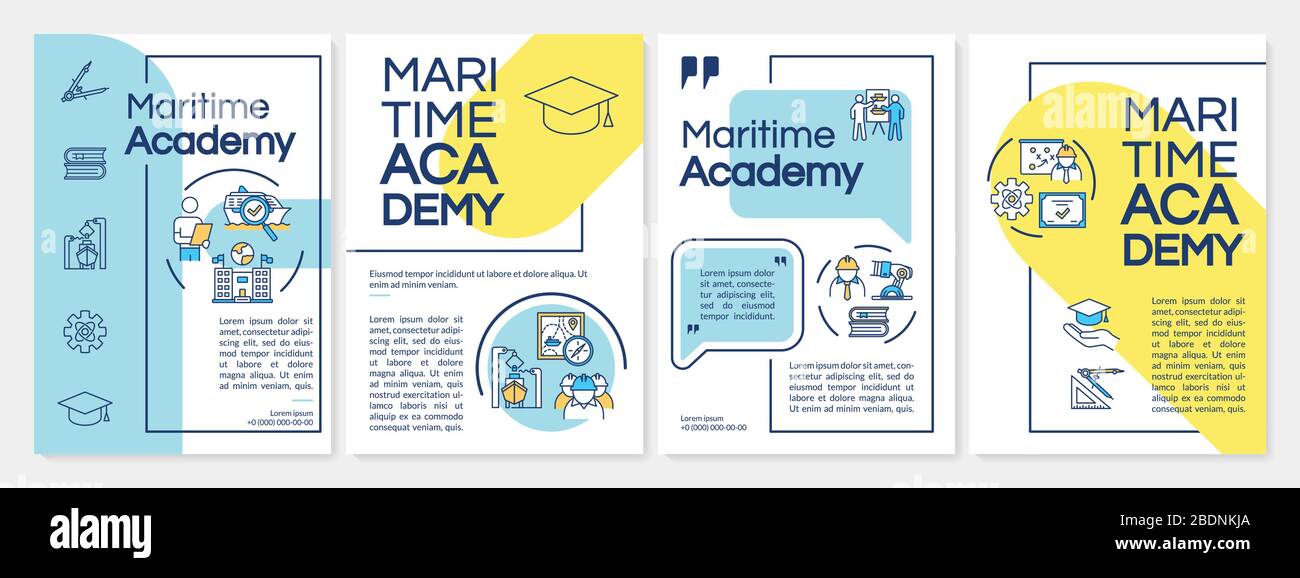 Modello di brochure sull'educazione marina. Laureato in nautica. Opuscolo, opuscolo, stampa di opuscoli, copertina con icone lineari. Layout vettoriali per Illustrazione Vettoriale
