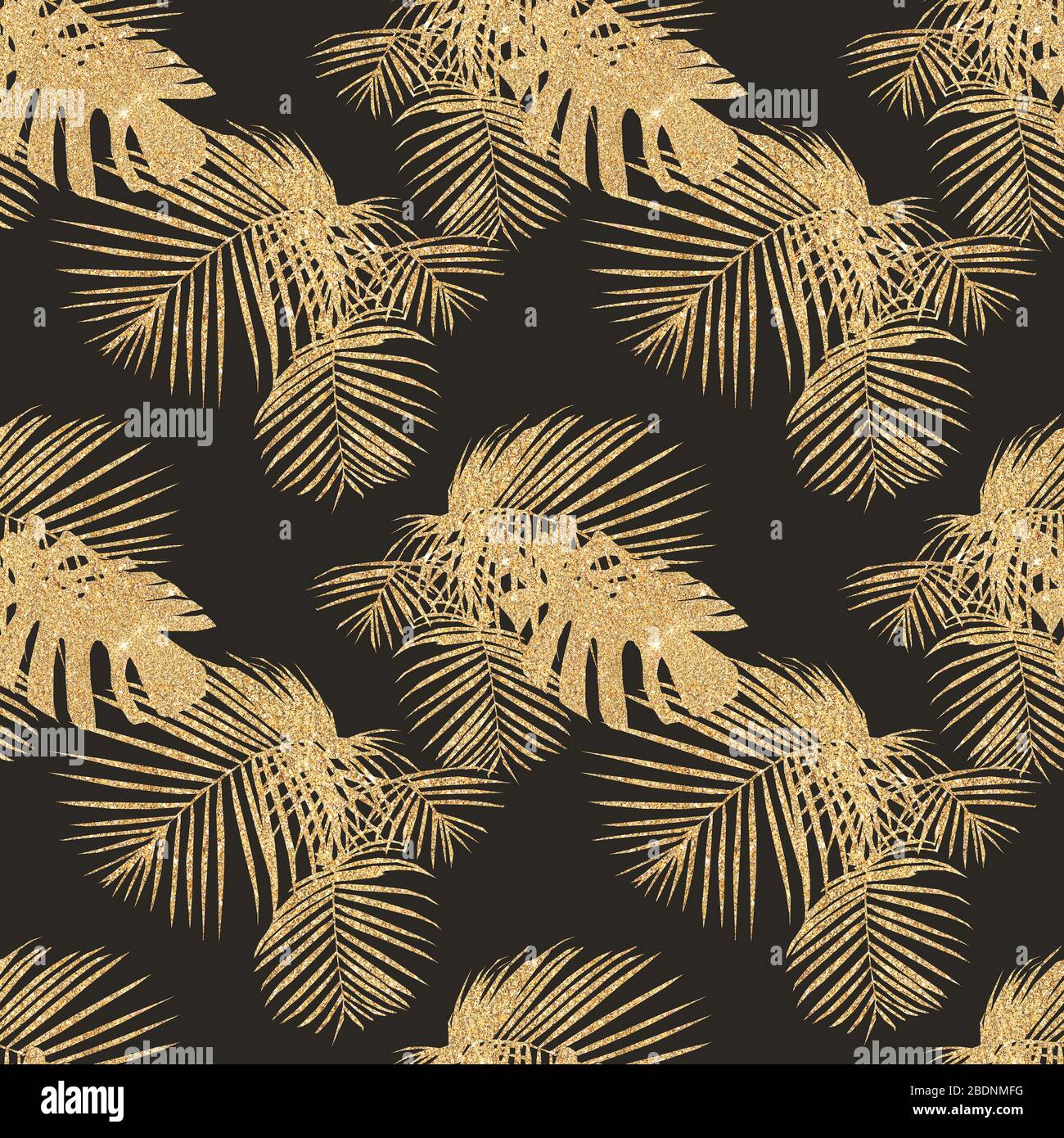 Motivo senza cuciture con foglie di palma tropicale realizzate con glitter dorato, vintage, sfondo grunge. Foto Stock