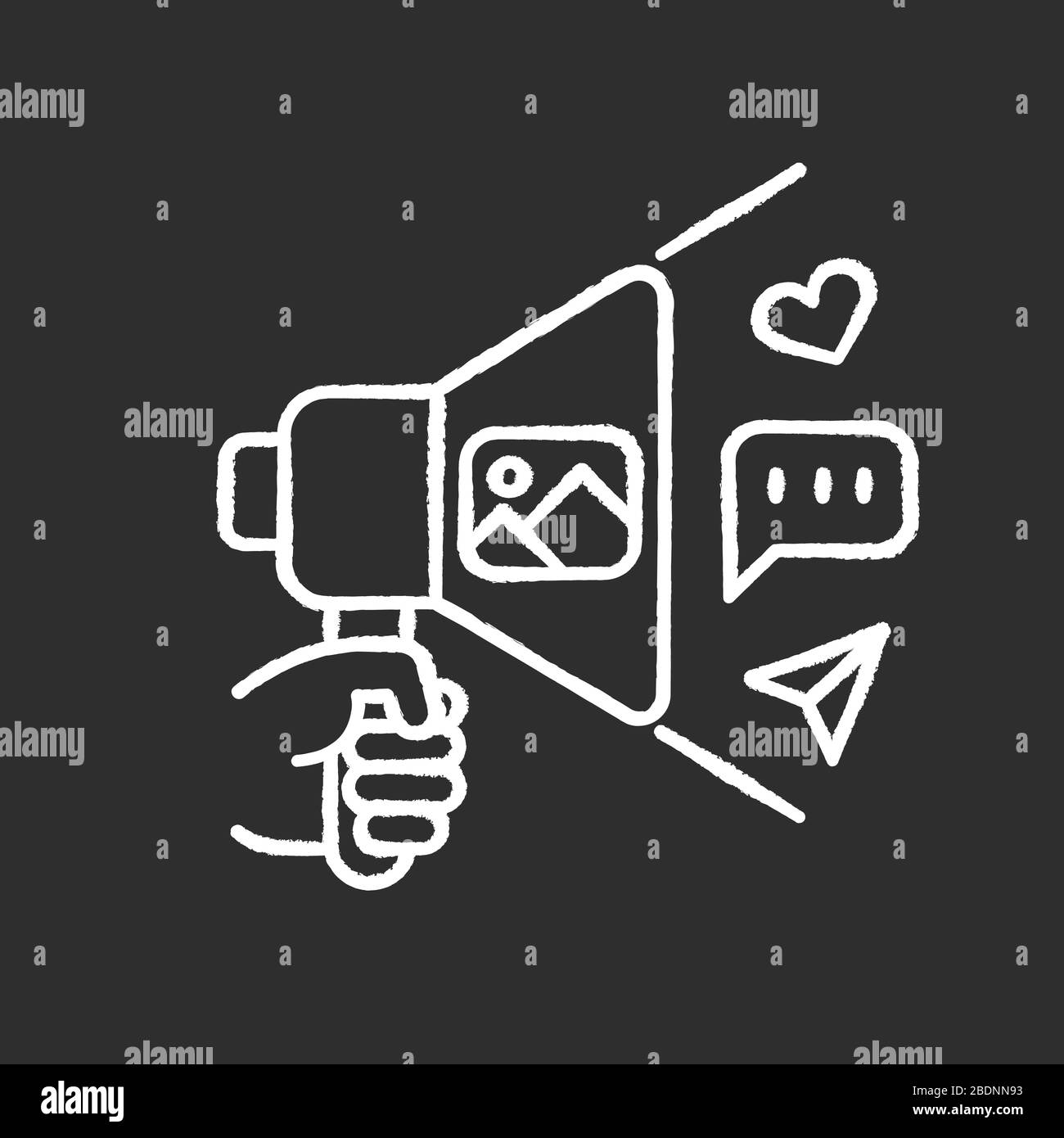 Community manager gesso icona bianca su sfondo nero. Specialista della pubblicità. Marketing su Internet, gestione e aggiornamento della piattaforma di social media Illustrazione Vettoriale