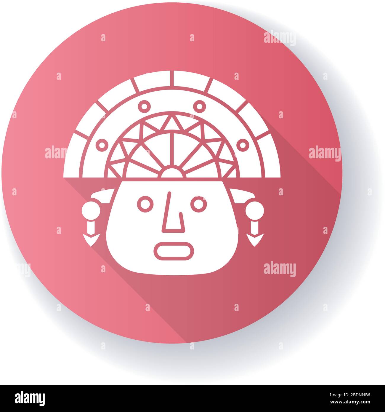 L'icona di glyph a lunga ombra con disegno piatto rosa Incas. L'uomo faccia in tradizionale Headdress inca. Antica testa di idolo sudamericano. dio ispanico. Peruviano Illustrazione Vettoriale