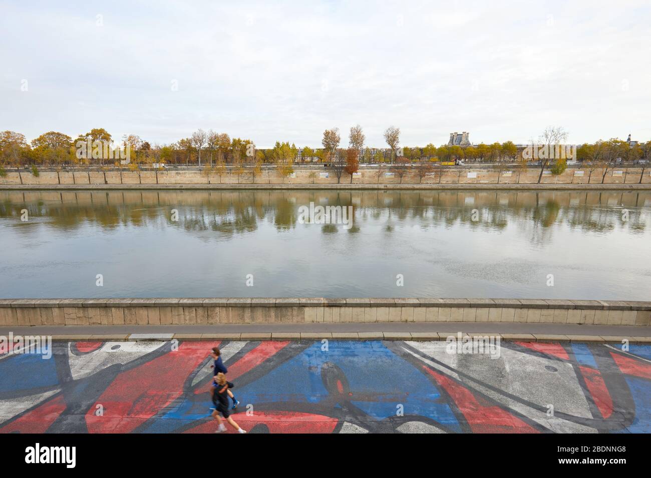 PARIGI, FRANCIA - 8 NOVEMBRE 2019: Persone che corrono sul fiume Senna in una giornata nuvolosa d'autunno a Parigi, Francia Foto Stock
