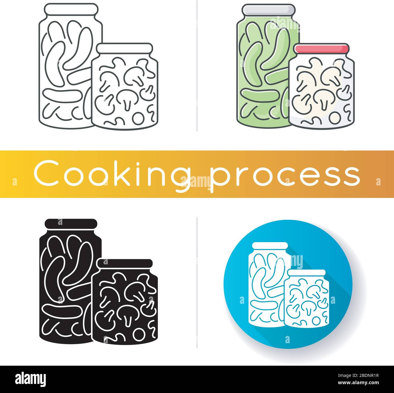 Icona di selezione. Stili di colore nero e RGB lineari. Conservazione di cibo, conservazione di verdure. Fermentazione in salamoia di veggie crude. Cetrioli in scatola e. Illustrazione Vettoriale