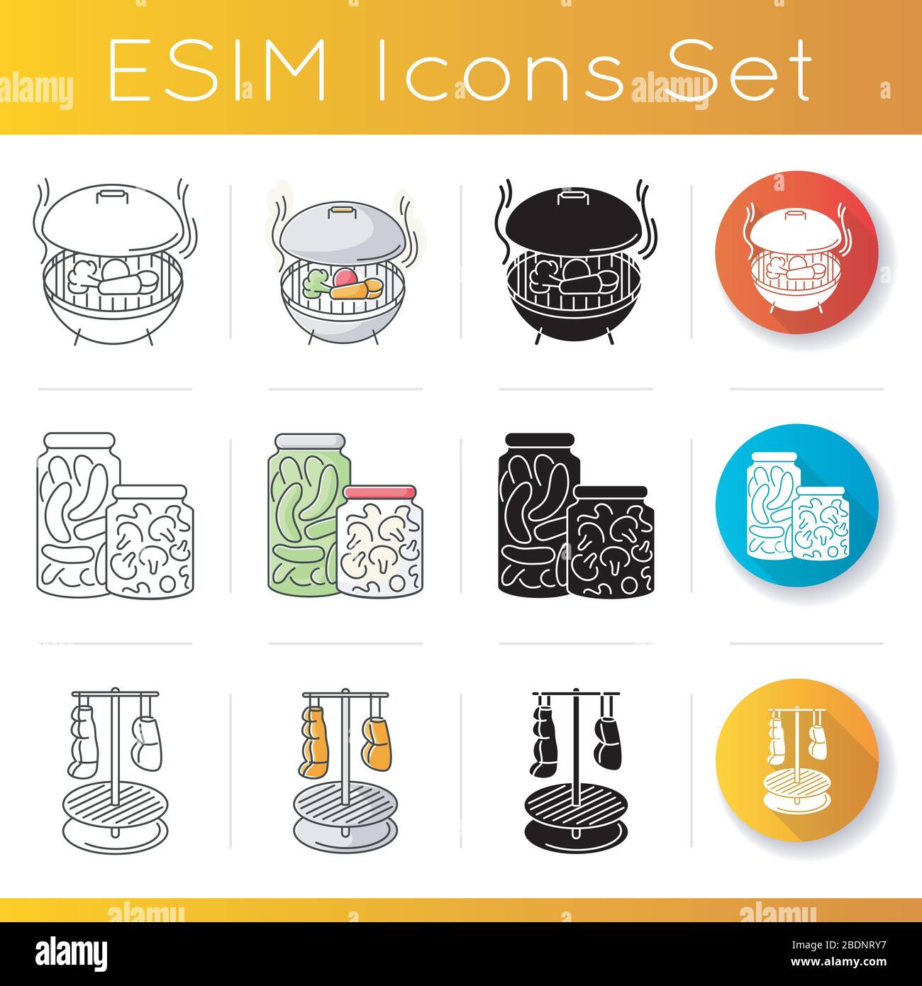 Set di icone per la preparazione degli alimenti. Stili di colore lineari, neri e RGB. Tecniche di cottura differenti, processo di preparazione di pasto. Grigliate al barbecue, affumicatura e. Illustrazione Vettoriale