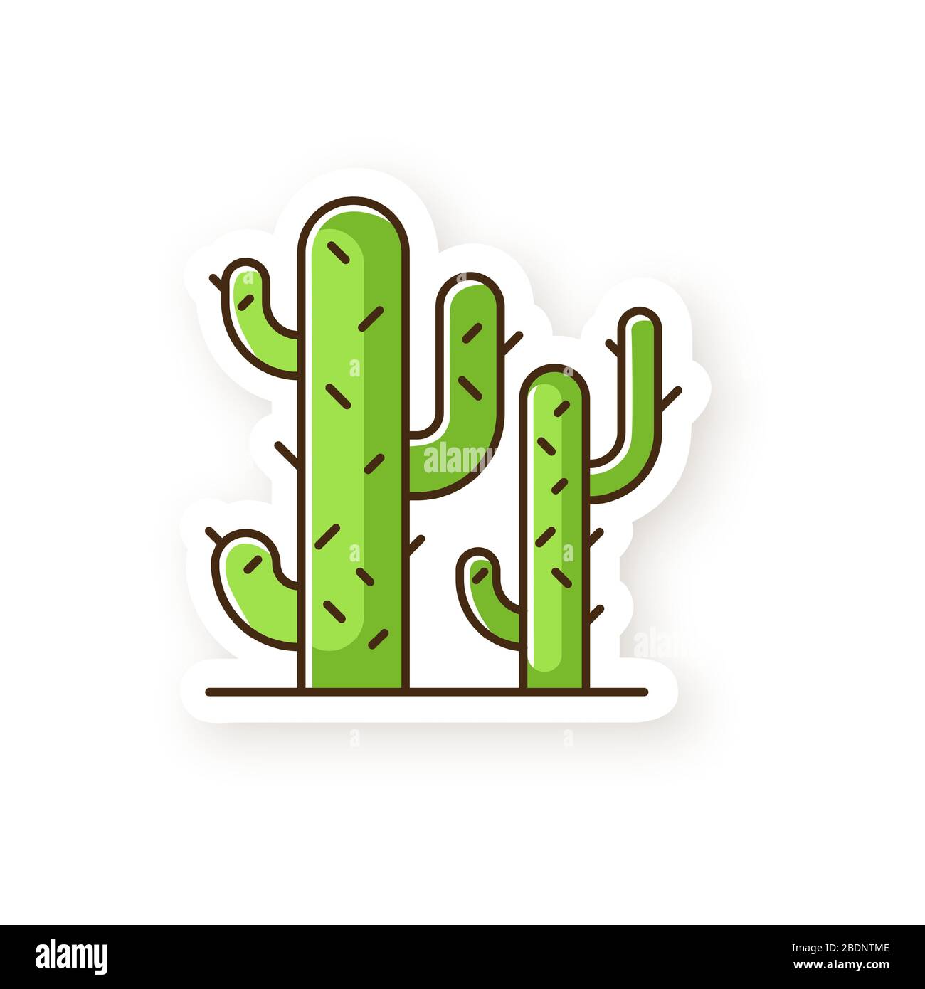 Patch cactus. Piante del deserto. Cactus di Saguaro. Albero prickly come succulent. Area arida americana spinosa fiori selvatici. Adesivo stampabile a colori RGB. Vettore Illustrazione Vettoriale