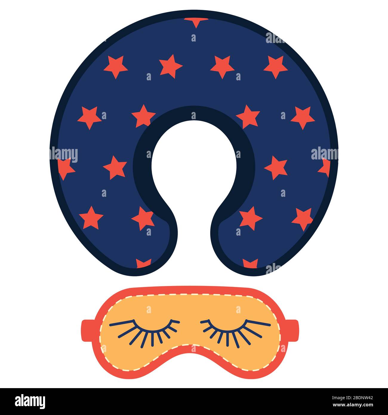 Maschera del sonno e icona vettoriale del cuscino del collo da viaggio impostata isolata su sfondo bianco. Accessori dorati in arancione e blu dal design piatto per sostenere la sonnolenza Illustrazione Vettoriale