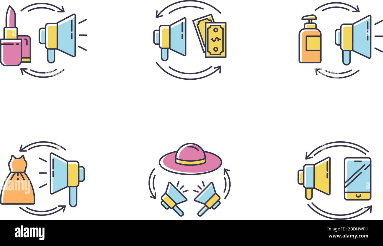 Promozione icone colore RGB impostate. Baratto come strategia di marketing digitale. Acquista pubblicità con denaro. Sostituire il prodotto per l'esposizione. Bellezza e moda Illustrazione Vettoriale